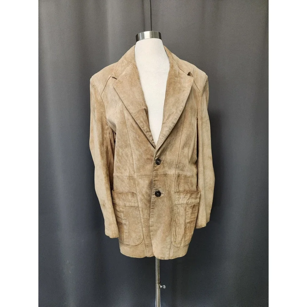 Vintage 90s Berman's Grunge Leather Blazer Tan Suede 2-Button Sport Coat Size 46
